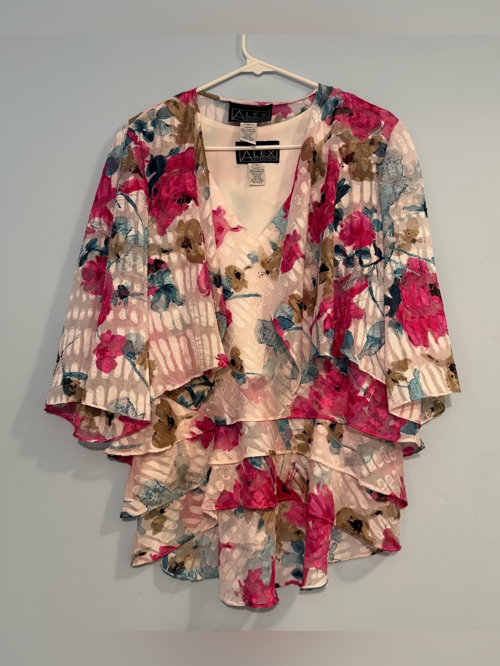 Alex Evenings SET Floral Ruffled Top in Pink and Blue Matching Sheer Coverup LG